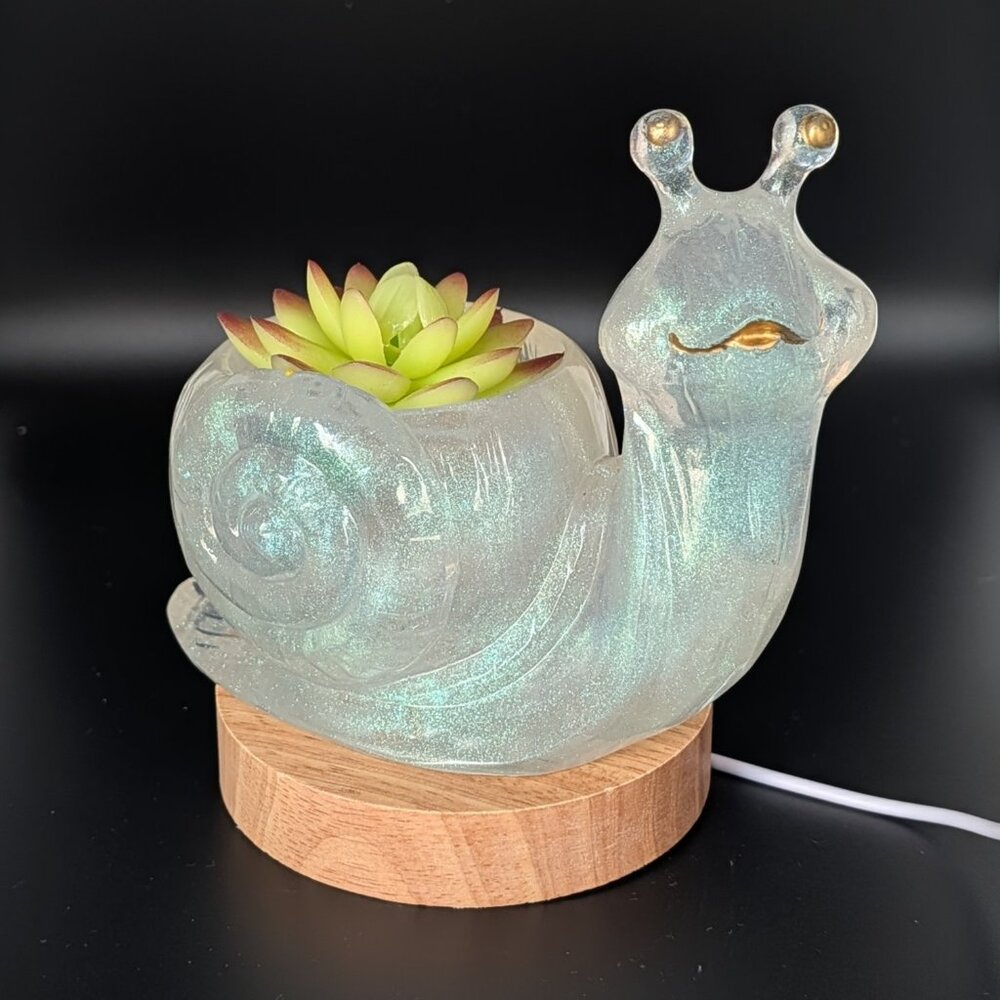 White Snail Nightlight Handmade Resin Figure on Lighted Wooden Base Approx 6x5